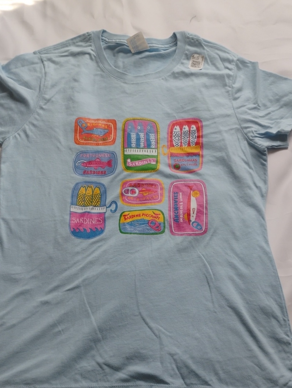 Port and Company Light Blue Kids Tee with Colorful Sardine Can Art